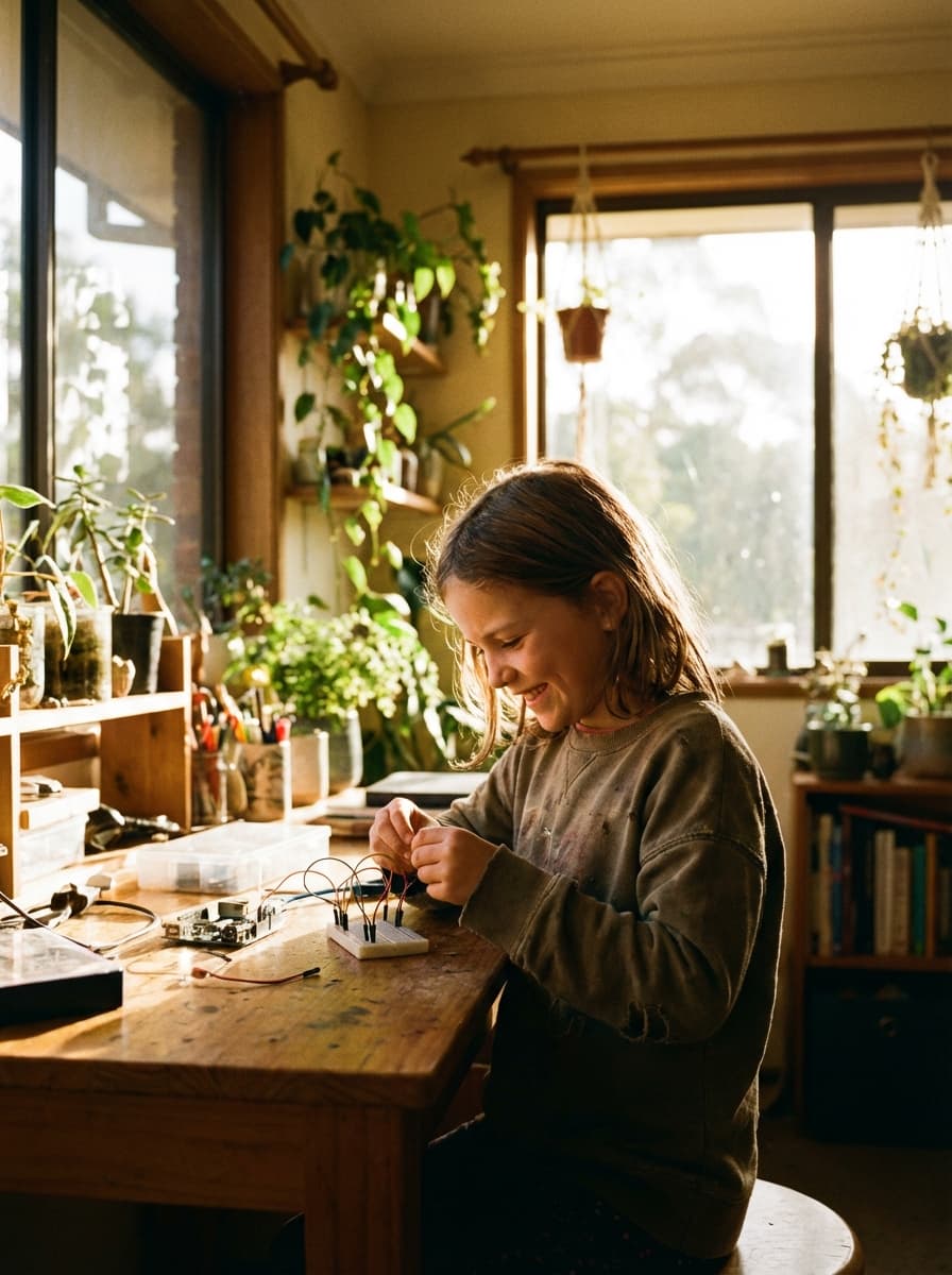 Child reflecting on their project at the end of the day