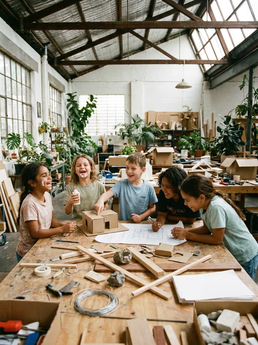 Diverse children collaborating on a hands-on project